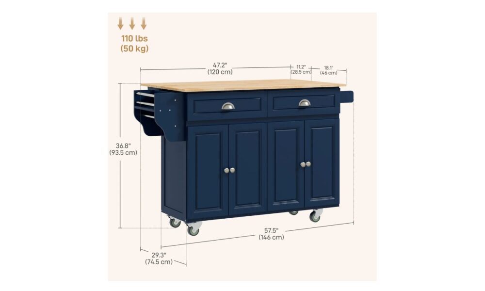 Rolling Kitchen Island - Navy Blue w/Rubberwood Top - Image 9