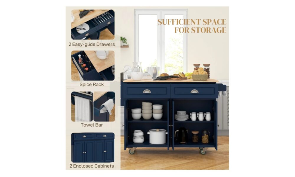 Rolling Kitchen Island - Navy Blue w/Rubberwood Top - Image 5