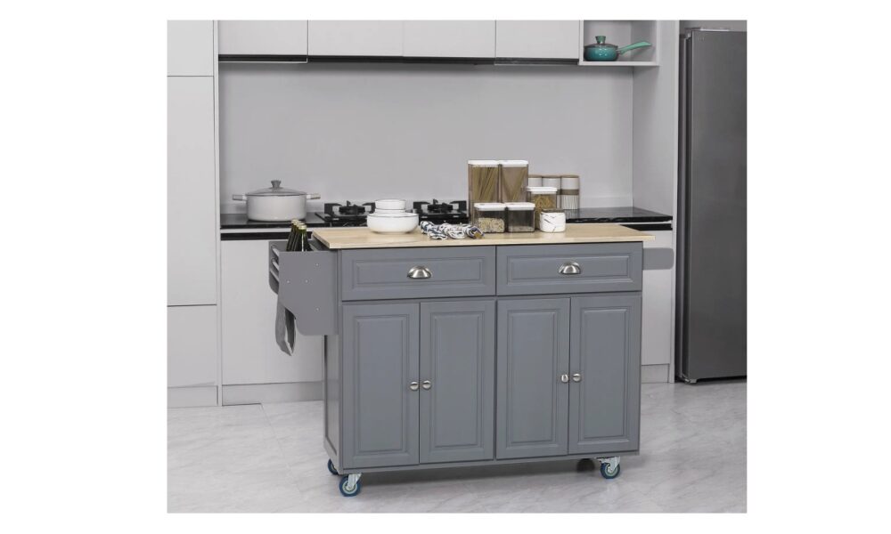 Rolling Kitchen Island - Grey w/Rubberwood Top