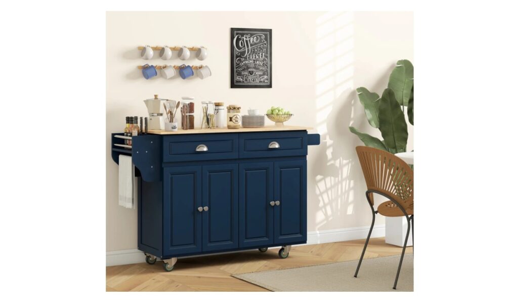 Rolling Kitchen Island - Navy Blue w/Rubberwood Top - Image 3