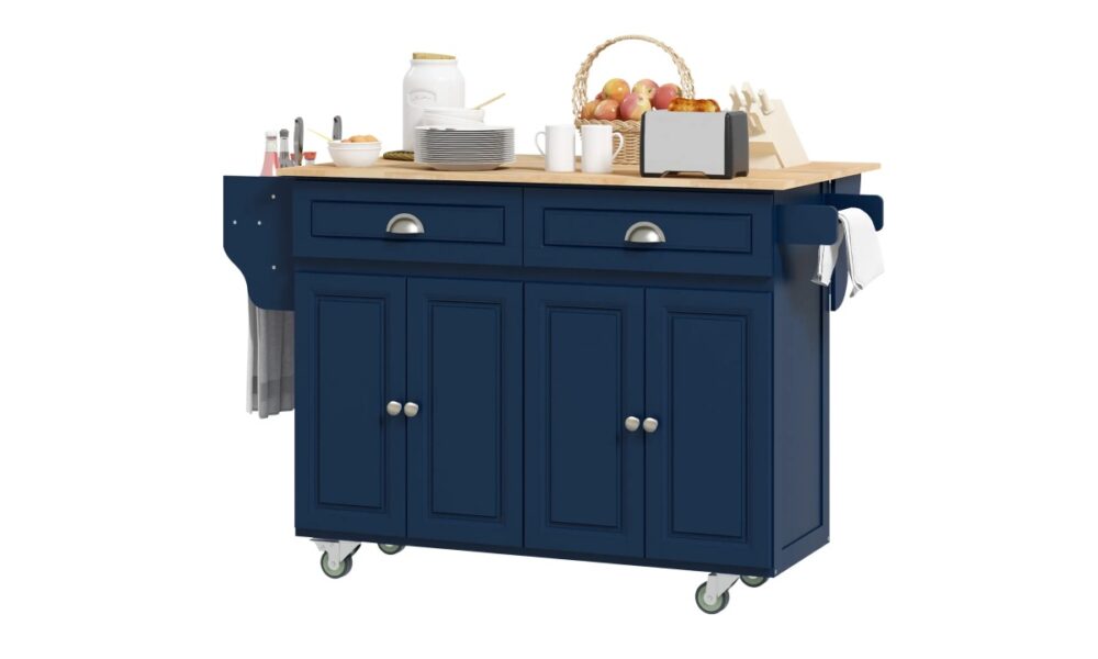 Rolling Kitchen Island - Navy Blue w/Rubberwood Top - Image 4