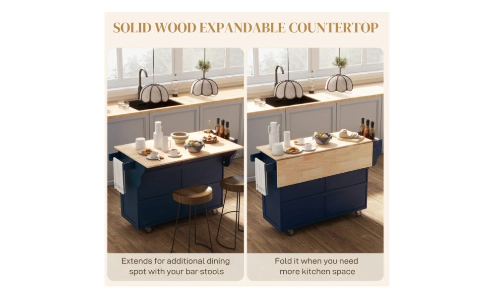 Rolling Kitchen Island - Navy Blue w/Rubberwood Top - Image 6