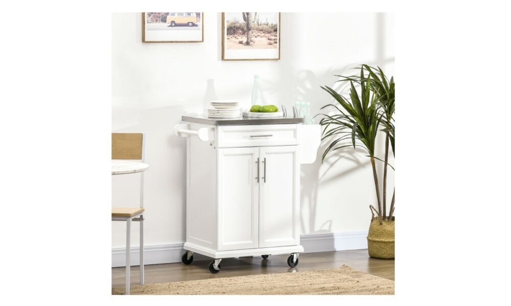 Rolling Kitchen Cart w/Stainless Steel - White