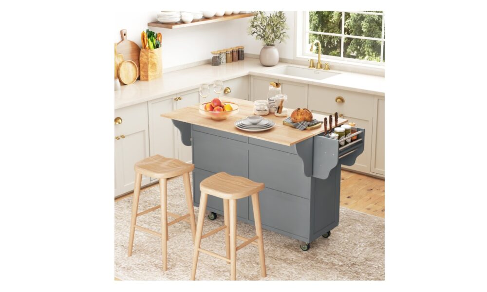 Rolling Kitchen Island - Grey w/Rubberwood Top - Image 2