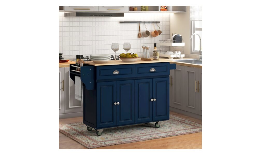 Rolling Kitchen Island - Navy Blue w/Rubberwood Top - Image 2
