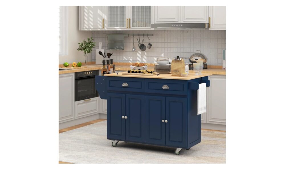 Rolling Kitchen Island - Navy Blue w/Rubberwood Top