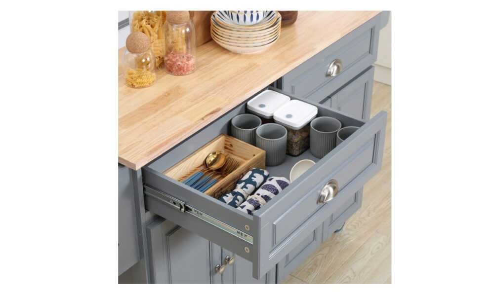 Rolling Kitchen Island - Grey w/Rubberwood Top - Image 4