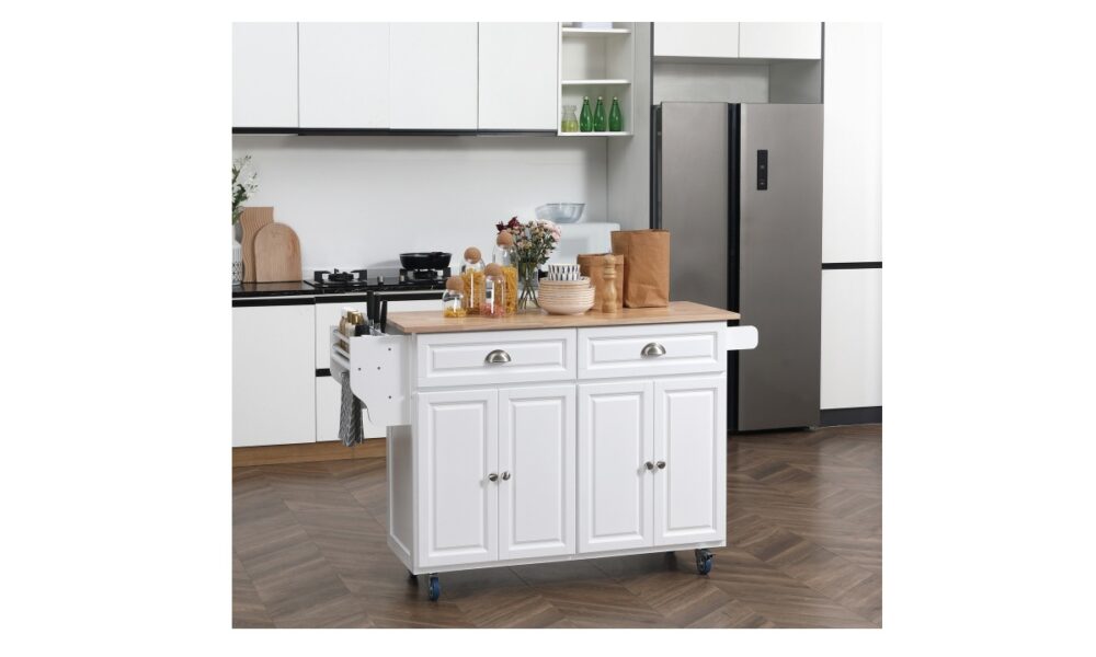 Rolling Kitchen Island - White w/Rubberwood Top