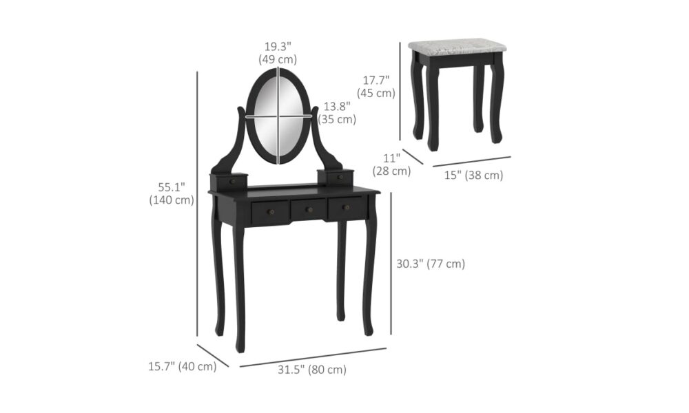 Makeup Vanity with Stool - Black - Image 6