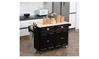Rolling Kitchen Island - Black w/Rubberwood Top