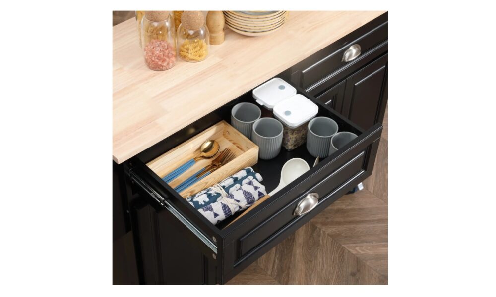 Rolling Kitchen Island - Black w/Rubberwood Top - Image 6