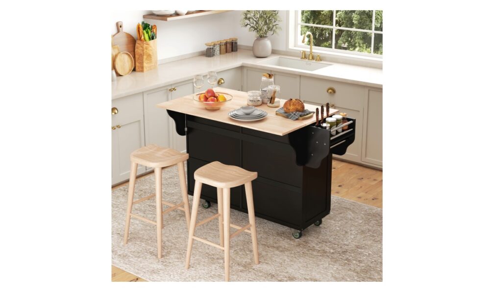 Rolling Kitchen Island - Black w/Rubberwood Top - Image 2