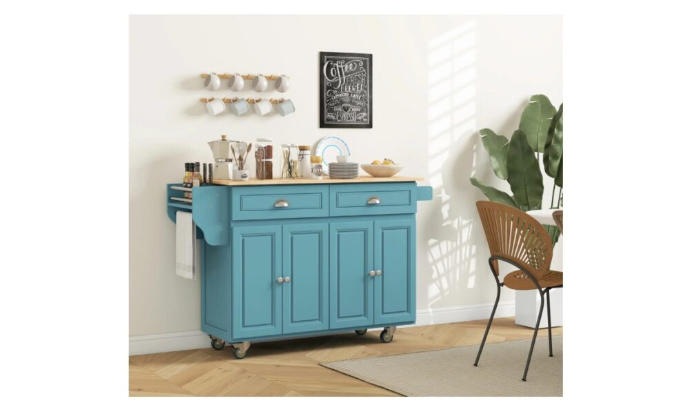 Rolling Kitchen Island - Light Blue w/Rubberwood Top - Image 3