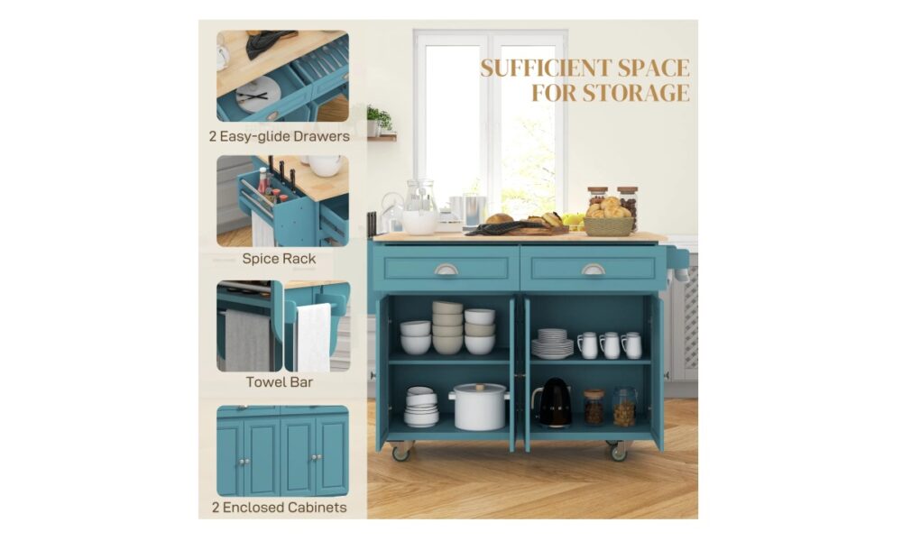Rolling Kitchen Island - Light Blue w/Rubberwood Top - Image 6