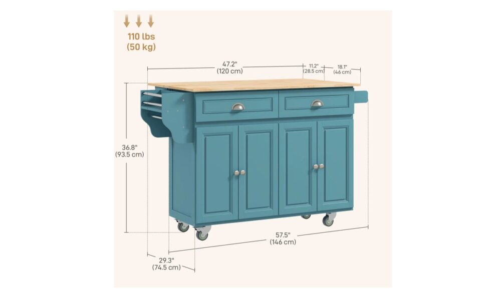 Rolling Kitchen Island - Light Blue w/Rubberwood Top - Image 8