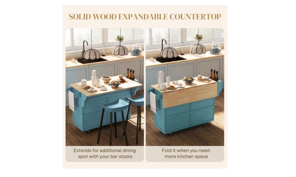 Rolling Kitchen Island - Light Blue w/Rubberwood Top - Image 5