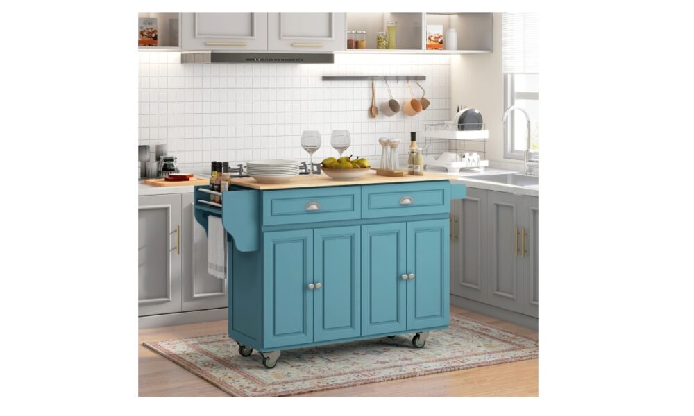 Rolling Kitchen Island - Light Blue w/Rubberwood Top - Image 2