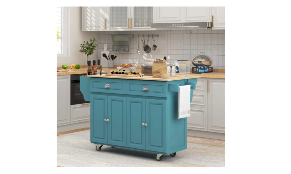 Rolling Kitchen Island - Light Blue w/Rubberwood Top