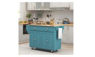 Rolling Kitchen Island - Light Blue w/Rubberwood Top