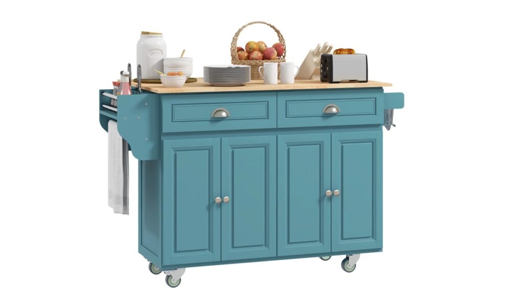 Rolling Kitchen Island - Light Blue w/Rubberwood Top - Image 4