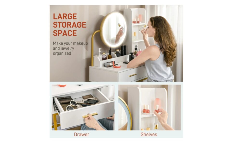 Makeup Vanity with Stool - White & Gold - Image 3