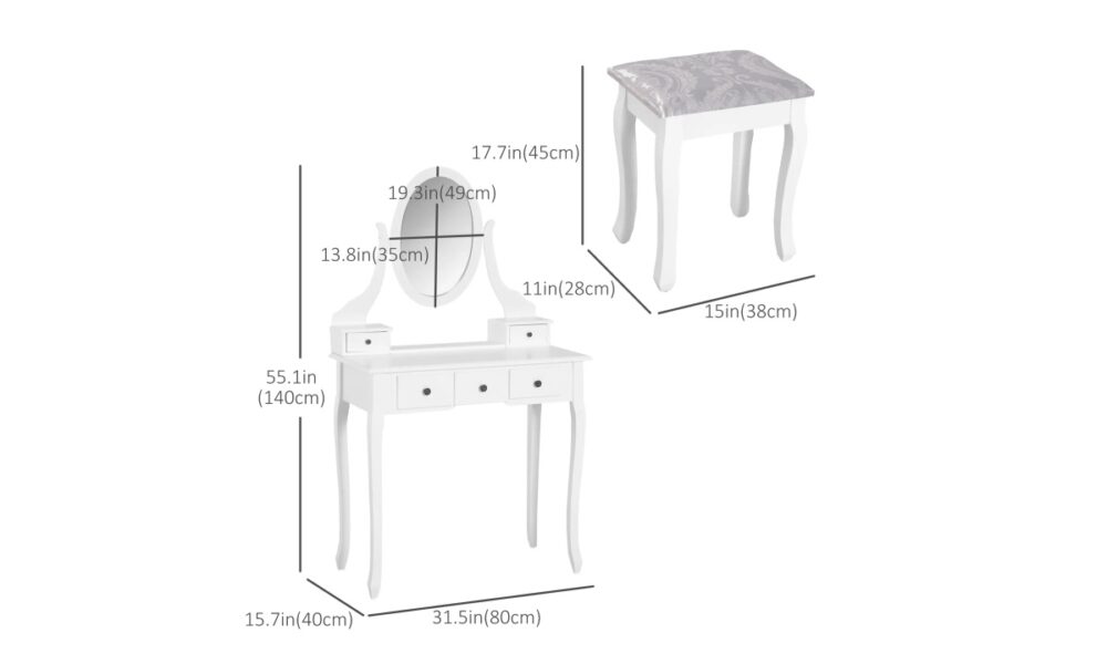Makeup Vanity with Stool - White - Image 6