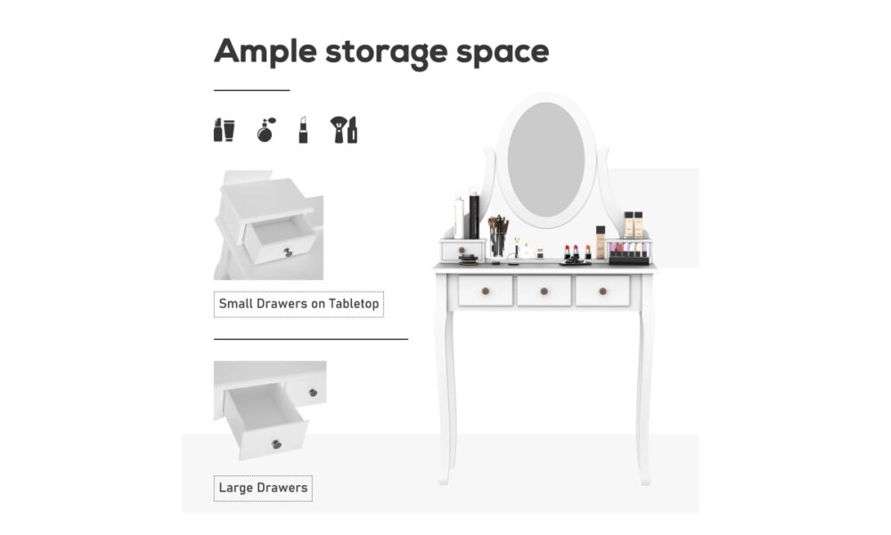 Makeup Vanity with Stool - White - Image 3