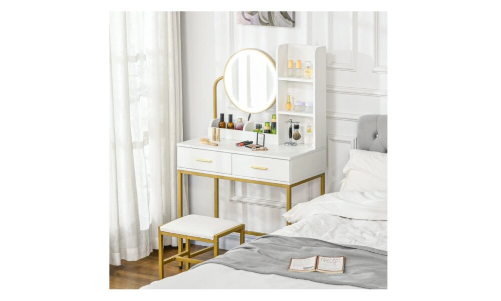 Makeup Vanity with Stool - White & Gold