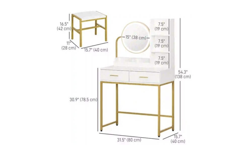 Makeup Vanity with Stool - White & Gold - Image 7