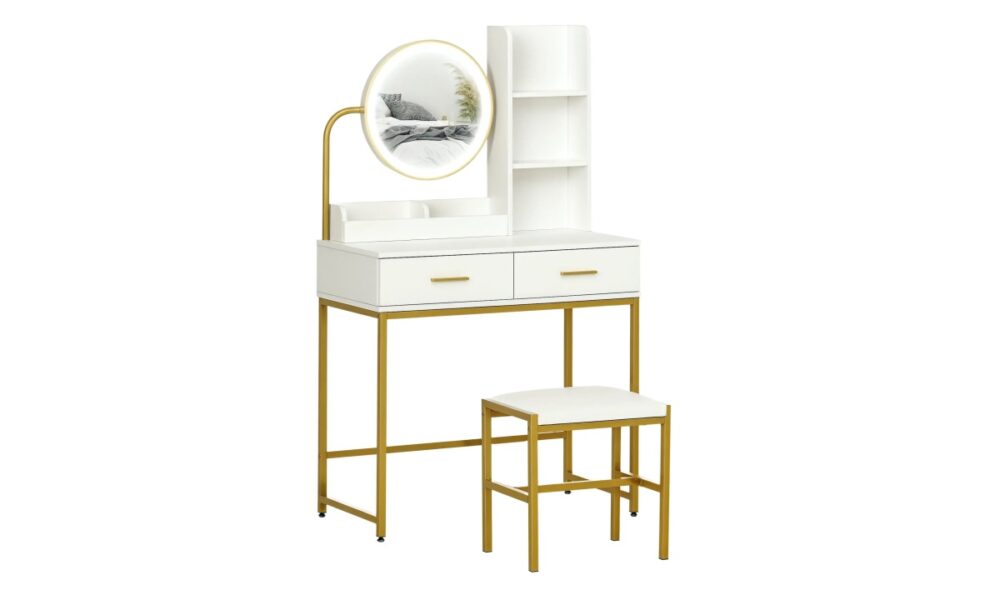 Makeup Vanity with Stool - White & Gold - Image 2