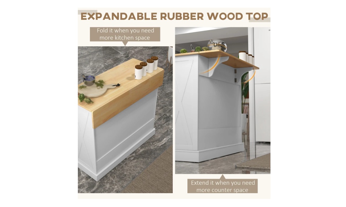 Farmhouse Rolling Kitchen Island - White w/Rubberwood Top - Image 3
