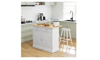 Farmhouse Rolling Kitchen Island - White w/Rubberwood Top