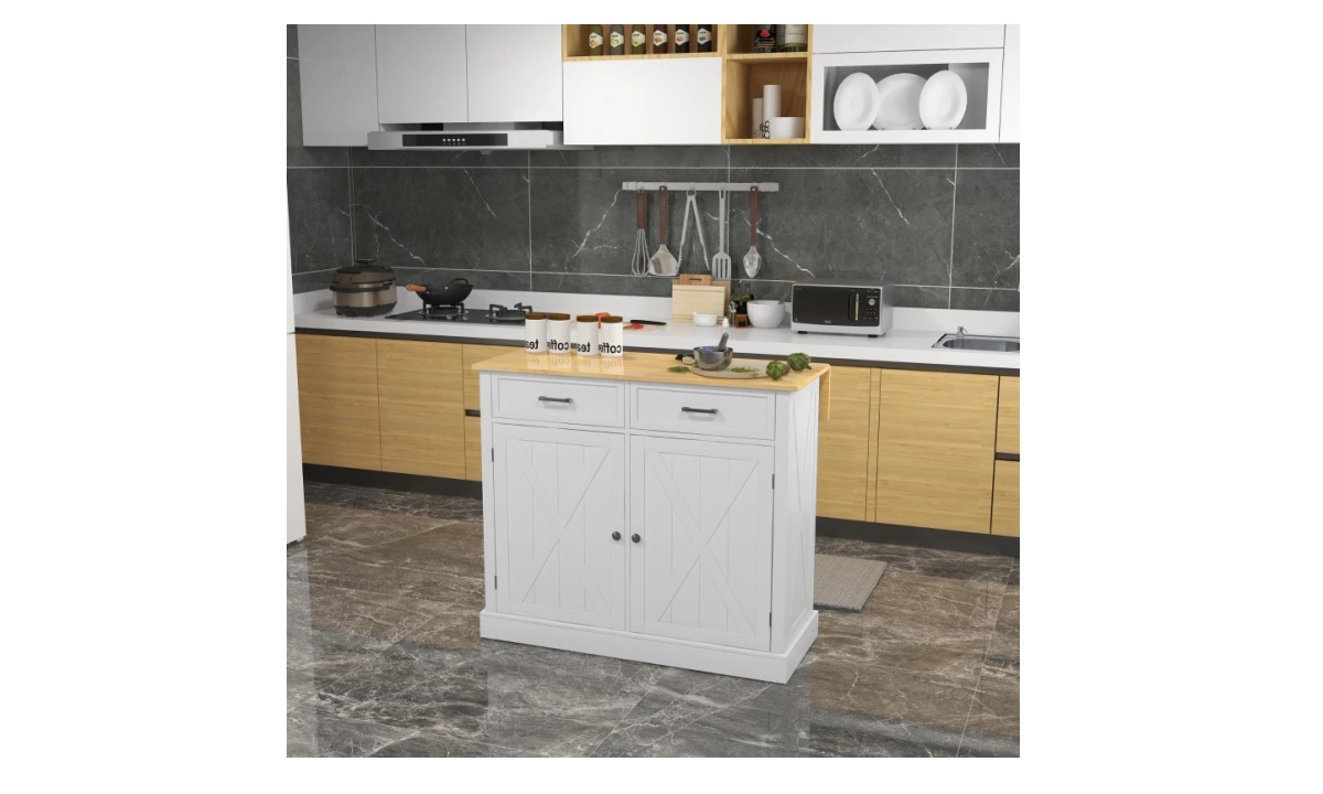 Farmhouse Rolling Kitchen Island - White w/Rubberwood Top - Image 2
