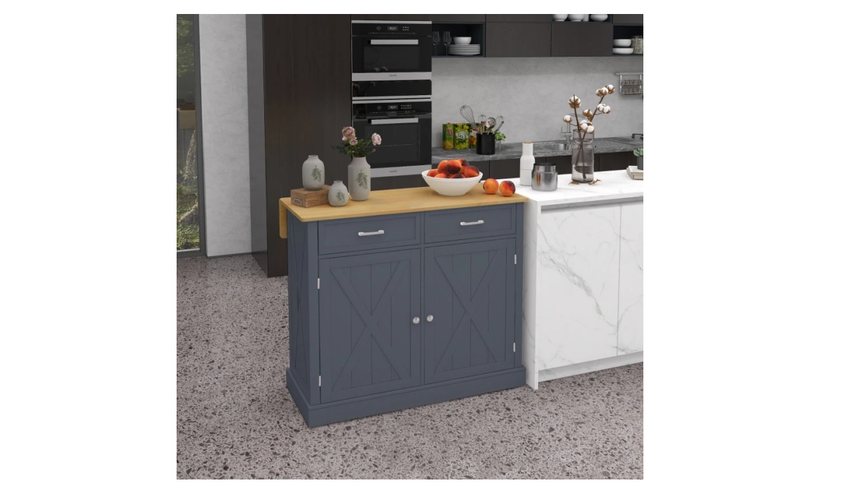 Farmhouse Rolling Kitchen Island - Dark Grey w/Rubberwood Top
