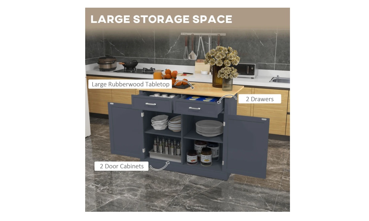 Farmhouse Rolling Kitchen Island - Dark Grey w/Rubberwood Top - Image 3