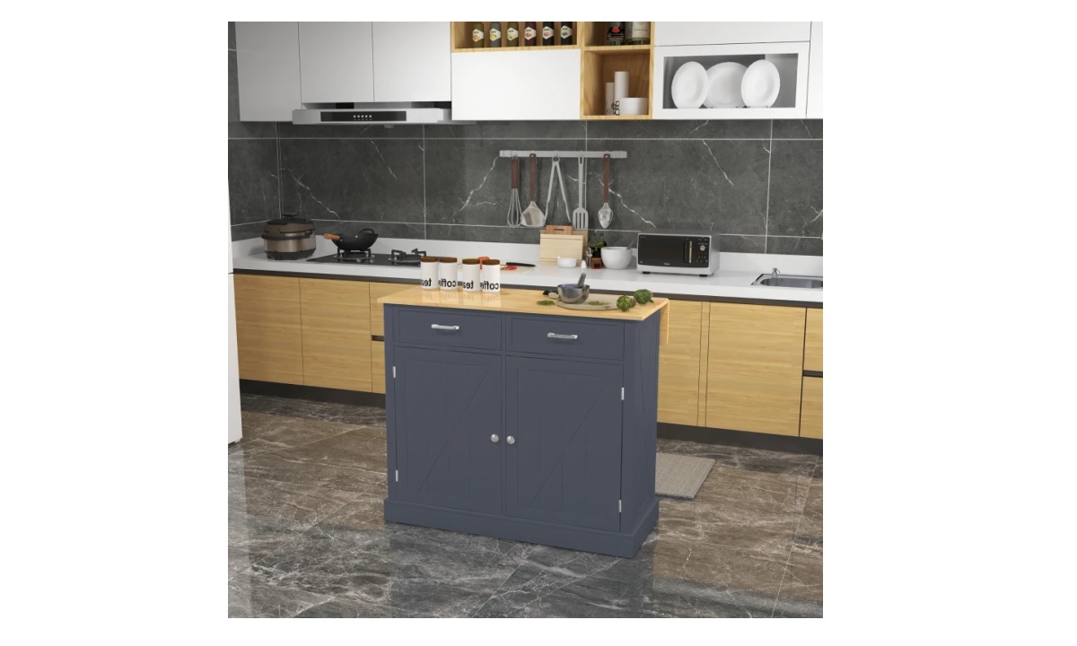 Farmhouse Rolling Kitchen Island - Dark Grey w/Rubberwood Top - Image 2